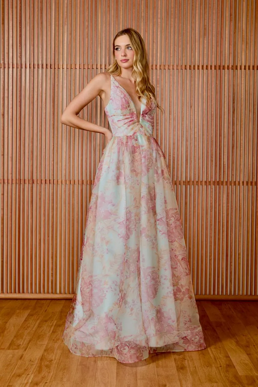 Vestido - VESTIDO LONGO ANA DECOTE V ESTAMPA MINT FLOWER